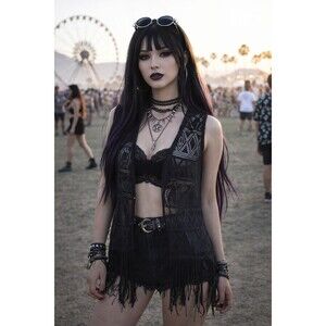 Love On A Hanger Whimsigoth Crochet Vest Womens M Black Open Fringe Festival